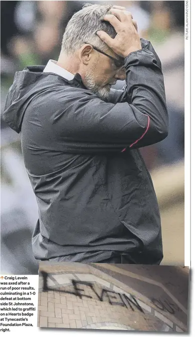  ??  ?? 0 Craig Levein was axed after a run of poor results, culminatin­g in a 1-0 defeat at bottom side St Johnstone, which led to graffiti on a Hearts badge at Tynecastle’s Foundation Plaza, right.