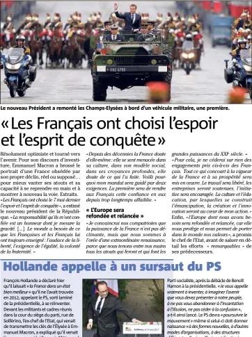  ??  ?? Le nouveau Président a remonté les Champs-Elysées à bord d’un véhicule militaire, une première.