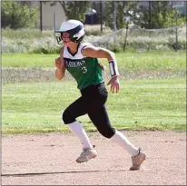  ?? PHOTO BY VICKY SHEA ?? Madilyn Schneider runs to second base in a recent SYL contest against Golden Valley. Schneider went 3-3 in the game with a triple, double, three runs scored and four RBIs to help the Lady Warriors to a blowout win.