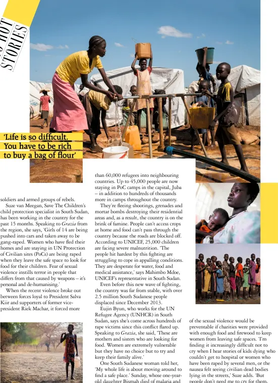  ??  ?? Clockwise from top: filling buckets in camp; Sunday and her late daughter, Bismah; girls queue for food; searching for essential water supplies leaves girls vulnerable and isolated