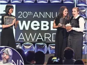  ?? PHOTOS BY DIMITRIOS KAMBOURIS, GETTY IMAGES, FOR THE WEBBY AWARDS ?? Girls’ Jenni Konner and Lena Dunham, on stage with Eva Chen, were happy with their Webbys but disappoint­ed Drake wasn’t on hand.