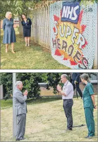  ?? PICTURES: PA WIRE. ?? WOOL WONDER:
The Duchess of Cornwall is shown a knitted tribute to NHS staff; the Prince of Wales remains socially distanced as he a performs a namaste to Professor Mark Pietron.