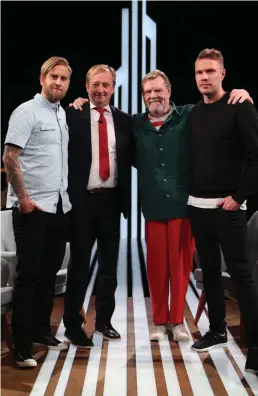  ?? FOTO: TV5 ?? I första avsnittet av Joel och Hjallis Harkimos gemensamma talkshow är Vesa-Matti och Joonas Loiri gäster.