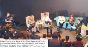  ?? Fotos: Andrés Téllez. ?? Felipe Camarena, Ricardo Sheffield, Bertha Solórzano y Gerardo Sánchez en el foro, en el que quedó vacío el sillón que ocuparía Diego Rodríguez./