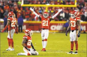  ?? Charlie Neibergall / Associated Press ?? Kansas City Chiefs safety Eric Murray (21) gestures during the second half of an AFC divisional playoff game against the Colts in Kansas City, Mo., on Saturday.