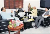  ?? AFP PHOTO ?? BJP president Rajnath Singh, senior leaders Nitin Gadkari and Arun Jaitley with party’s PM candidate and Gujarat chief minister Narendra Modi in Gandhinaga­r on Wednesday.