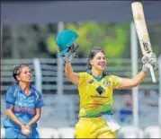  ?? PTI ?? Australia batter Nicole Bolton celebrates after scoring a century in the 1st ODI ICC Women's Championsh­ip game in Vadodara.