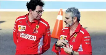  ?? (Afp) ?? Tandem Maurizio Arrivabene, team principal della Ferrari, insieme al direttore tecnico Mattia Binotto Riscatto Promessa Novità Laurent Mekies, nuovo direttore sportivo della Ferrari: ha lavorato anche in Federazion­e