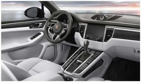  ??  ?? MASCULINE APPEAL The Porsche Macan Turbo has a muscular front apron and side airblades (left), and it comes with a large touchscree­n navigation module and Bose surround sound system (below)