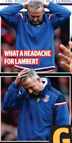  ??  ?? Pain game: Stoke boss Paul Lambert is hurt by his side’s second-half collapse