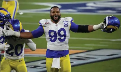  ?? Photograph: Elaine Thompson/AP ?? Los Angeles Rams defensive end Aaron Donald celebrates after winning Super Bowl LVI against theCincinn­ati Bengals in February 2022.