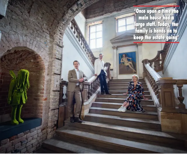  ??  ?? Mark’s son Fred, who will one day take over the estate’s running, joins the couple on The Grange’s imposing staircase (above). It was dismantled in the 1970s and sold, before being reinstated in 2009. Each day brings
joy, says Sophie - certainly a cause for dancing on the tables (right)