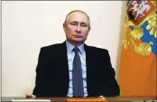  ?? ALEXEI DRUZHININ, SPUTNIK, KREMLIN POOL PHOTO ?? Russian President Vladimir Putin chairs a Security Council meeting via video conference at the Novo-Ogaryovo residence outside Moscow on March 12.