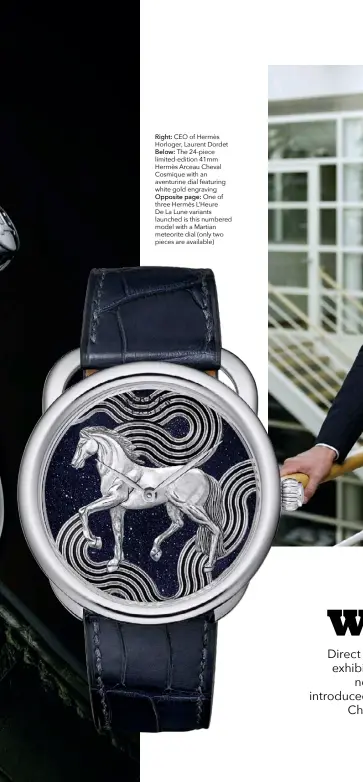  ??  ?? Right: CEO of Hermès Horloger, Laurent Dordet Below: The 24-piece limited-edition 41mm Hermès Arceau Cheval Cosmique with an aventurine dial featuring white gold engraving Opposite page: One of three Hermès L’heure De La Lune variants launched is this numbered model with a Martian meteorite dial (only two pieces are available)