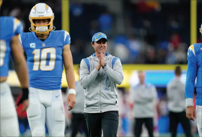 ?? ASHLEY LANDIS / ASSOCIATED PRESS ?? Los Angeles Chargers coach Brandon Staley went for it on fourth down five times during a 34-28 overtime loss to the Kansas City Chiefs on Dec. 16 in Inglewood, Calif. The Chargers converted just two of the attempts into first downs.