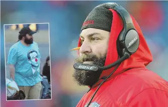  ?? STAFF PHOTOS BY NANCY LANE, NICOLAUS CZARNECKI (INSET) ?? NO TIME FOR CLOWNING AROUND: Patriots defensive coordinato­r Matt Patricia is a candidate for vacant head coaching positions across the NFL, but potential employers may question his wearing a T-shirt mocking commission­er Roger Goodell (inset).