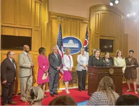  ?? ?? House Minority Whip Jessica Miranda, D-Forest Park, speaks, backed by fellow legislator­s Tuesday at the Statehouse in Columbus. Ohio Democrats announced Tuesday they will seek a state constituti­onal amendment to protect abortion rights.