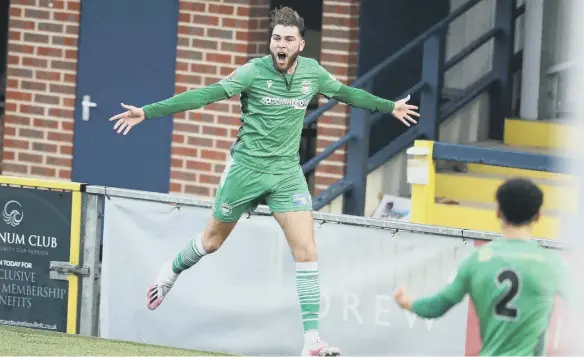  ?? ?? Striker Harvey Bradbury, pictured after netting for Oxford City at former club Hawks last season, has joined Southern League Premier South side Gosport Borough Picture: Dave Haines