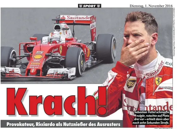  ?? Foto: EPA/SRDJAN SUKI ?? Sebastian Vettel schimpfte vulgär, rutschte auf Platz drei vor – erhielt dann aber noch zehn Sekunden Strafe.