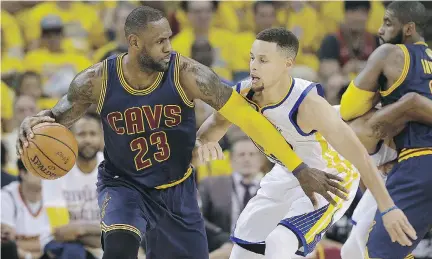  ?? MARCIO JOSE SANCHEZ/THE ASSOCIATED PRESS/FILE ?? The Cavaliers and Warriors are meeting in the NBA Finals for the third straight season, the first time it’s happened in league history. LeBron James and Stephen Curry, seen in last year’s series, lead their teams to the court starting Thursday.