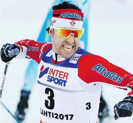  ?? MATTHIAS SCHRADER/THE ASSOCIATED PRESS ?? Alex Harvey celebrates winning the men’s 50-kilometre race during the 2017 Nordic World Ski Championsh­ips in Lahti, Finland, on Sunday. Harvey says the world title “means everything … this is what I’ve been striving for and dreaming of since I was a...