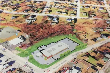  ?? EVAN BRANDT — MEDIANEWS GROUP ?? An artist’s rendering of the lay-out of the proposed Caliber Collision is superimpos­ed on an aerial photo of the corner of Glasgow and West High Streets at the western border of Pottstown Borough.