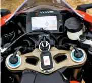  ??  ?? More modern display and tell-tale adjuster wiring on forks highlight the SP model