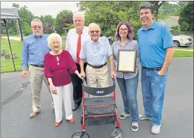  ?? EVAN BRANDT — MEDIANEWS GROUP ?? From left, Brian Parkes, executive director of the Tri-County Active Adult Center, Martha Pish, State Rep. Tim Hennessey, Chester Pish, Pottstown Mayor Stephanie Henrick and state Rep. Joe Ciresi.