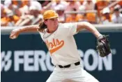  ?? AP PHOTO/ RANDY SARTIN ?? Tennessee pitcher Camden Sewell throws June 12 against Notre Dame during an NCAA college baseball super regional game in Knoxville.