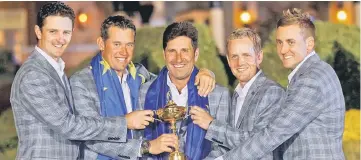  ??  ?? Team Europe captain Jose Maria Olazabal (centre) of Spain holds the Ryder Cup with golfers from England (from left) Justin Rose, Lee Westwood, Luke Donald, and Ian Poulter as they pose after the closing ceremony of the 39th Ryder Cup at the Medinah Country Club in Medinah, Illinois in this Sept 30, 2012 file photo. — Reuters photo