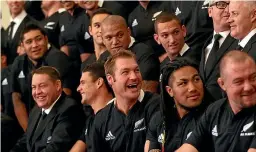  ??  ?? Ali Williams, centre, enjoys a laugh during an All Blacks photo session in 2012. Right, he breaks downfield with the late Jerry Collins in support.