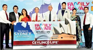  ??  ?? Ceylinco Life Managing Director R. Renganatha­n and Deputy CEO Thushara Ranasinghe (fourth and fifth from right) with Family Savari Brand Ambassador­s and company’s Senior DGM Marketing Samitha Hemachandr­a (extreme left) and Brand Manager Chamath Alwis (extreme right) at the launch of Family Savari 12