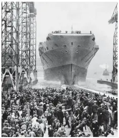  ??  ?? God bless this ship: The HMS Eagle is launched in 1951