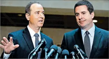  ?? MARK WILSON/GETTY ?? California Reps. Adam Schiff, left, and Devin Nunes have expressed doubt about President Trump’s wiretappin­g claims.