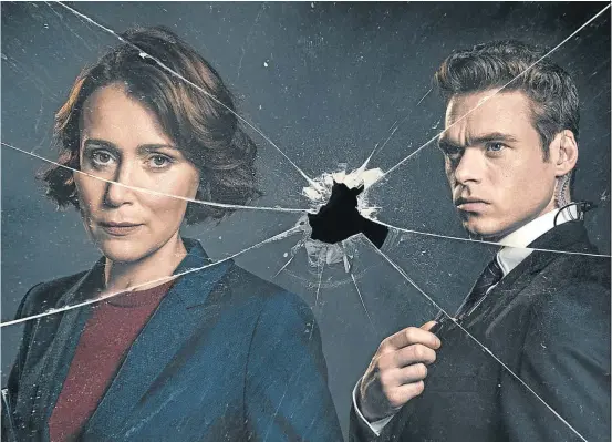  ??  ?? Keeley Hawes as Julia Montague and Richard Madden as her bodyguard, David Budd, in the series ‘Bodyguard’.