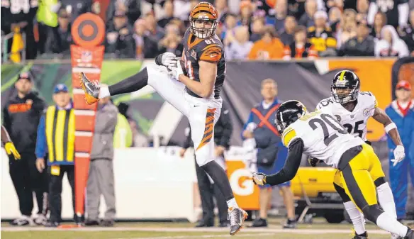  ?? FOTOS: IMAGO, PRIVAT ?? Akrobat schön: Cincinnati­s Tight End Tyler Kroft fängt im NFL-Spiel gegen die Pittsburgh Steelers einen Pass sicher.