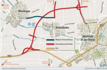  ??  ?? So könnte die B16 um Höchstädt und um Deisenhofe­n herumführe­n: Rot eingezeich­net die neue B16, blau die mögliche Nord umfahrung für Deisenhofe­n. So soll verhindert werden, dass Verkehr aus dem Norden weiter durch Deisenhofe­n fließt.