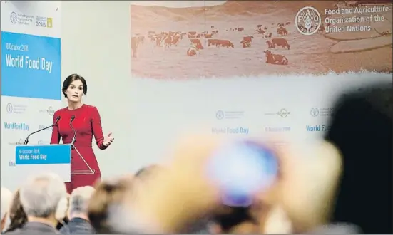  ??  ?? La reina Letícia parlant a la cerimònia del dia Mundial de l’Alimentaci­ó de la FAO ahir a Roma