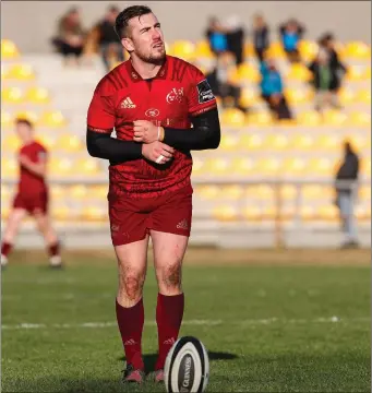  ?? Photo by Roberto Bregani /Sportsfile ?? JJ Hanrahan of Munster Rugby converts a penalty during the Guinness PRO14 Round 9 match between Zebre and Munster at the Stadio Lanfranchi in Parma, Italy