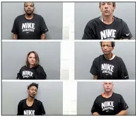  ?? Arkansas Democrat-Gazette ?? A collection of booking photos taken from the Union County sheriff’s office website shows suspects wearing Nike T-shirts. The sheriff denies that the suspects were forced to wear the shirts in their booking photos.