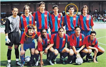  ??  ?? Men and boys: Cesc Fabregas and Lionel Messi as Barcelona team-mates (main image and below), and in the youth team (left) – Messi is the one in the mask