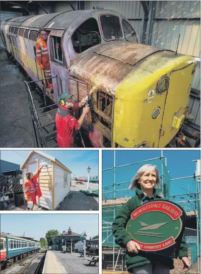  ?? PICTURES: BRUCE ROLLINSON ?? KEEPING BUSY: Clockwise, from top: Roger Radcliffe and Steve Beniston restore a loco at Wensleydal­e Railway; lead fundraiser and volunteer coordinato­r Helen Ashworth; The Station House; Teresa Chapman paints a shed at the railway site.