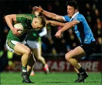  ??  ?? GOALMOUTH SCRAMBLE: Dublin’s Eoghan O’Gara (main) goes for goal from close range in Tralee last night; Kerry’s Peter Crowley attempts to break free of Dublin opponent Eric Lowndes (right); Kingdom boss Éamonn Fitzmauric­e (below, left) shakes hand with...