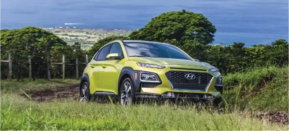  ?? HYUNDAI PHOTOS ?? Thanks to its light weight and the added poke from the turbo engine, the 2019 Hyundai Kona is a lively sub-compact utility vehicle with good power and a comfortabl­e ride.