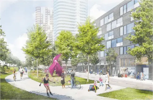  ?? COURTESY OF QUADREAL PROPERTY GROUP ?? The 32-acre Cloverdale site will include 4,050 residentia­l units across 10 towers and 280,000 square feet of retail, roughly half what the mall currently contains.