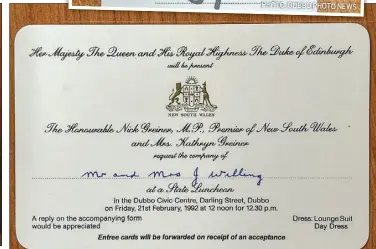  ?? ?? The Willing’s were excited to receive their invitation to a state luncheon with Queen Elizabeth II at the Dubbo Civic Centre. PHOTO: DUBBO PHOTO NEWS