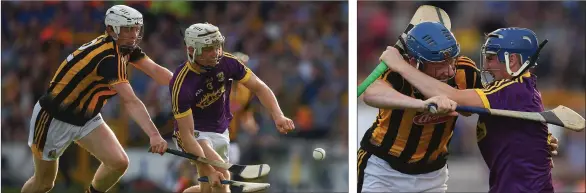  ??  ?? Wexford attacker Cathal Dunbar under pressure from Kilkenny’s Michael Cody in Wednesday’s final. Shane Reck making life difficult for Kilkenny’s John Donnelly.