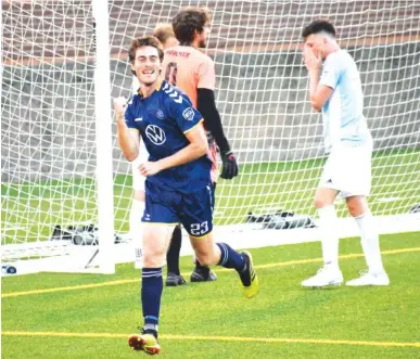  ?? STAFF PHOTO BY PATRICK MACCOON ?? The Chattanoog­a Football Club’s Ian McGrath celebrates his early score in Saturday’s NISA Independen­t Cup championsh­ip match against Soda City FC at Finley Stadium. CFC won 3-0 and finished first in the Southeast Region standings for the title.