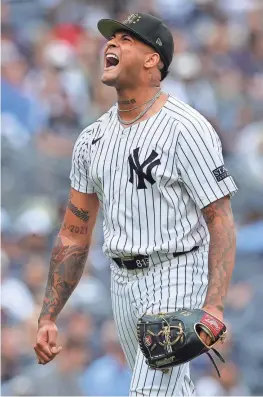  ?? BRAD PENNER/USA TODAY ?? Yankees pitcher Luis Gil reacts after the final out in the top of the sixth inning against the Chicago White Sox on Saturday in New York.