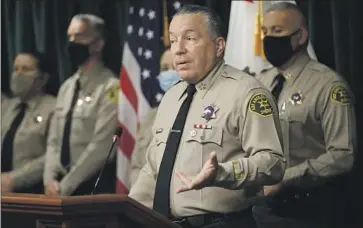  ?? Al Seib Los Angeles Times ?? L.A. COUNTY Sheriff Alex Villanueva at a May 2021 press conference. In testimony filed Tuesday, a retired official said orders came down that questions about a deputy brawl should avoid mentioning the “Banditos.”